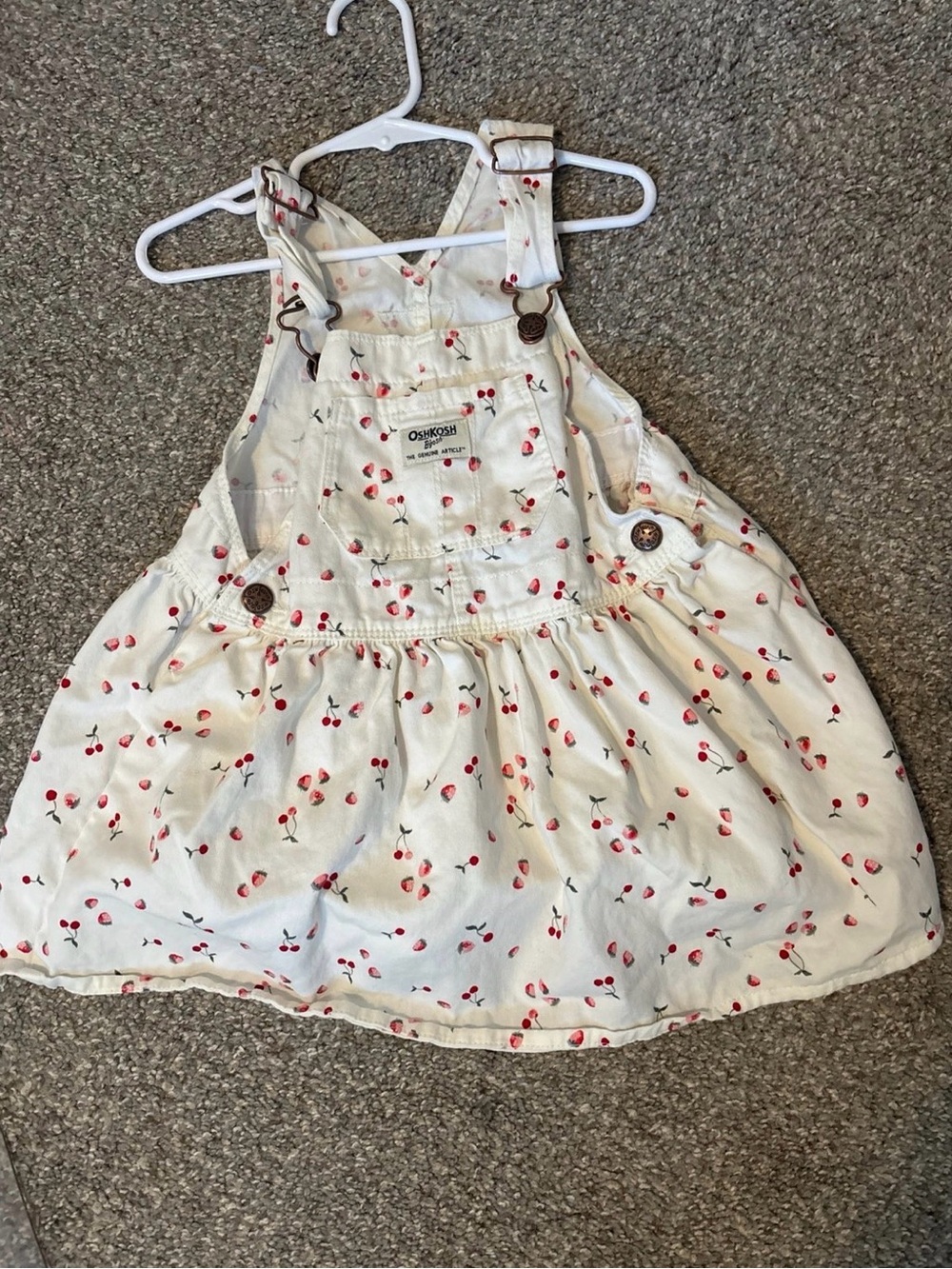 OshKosh B'gosh Cream Overall Dress with Red Cherry Print